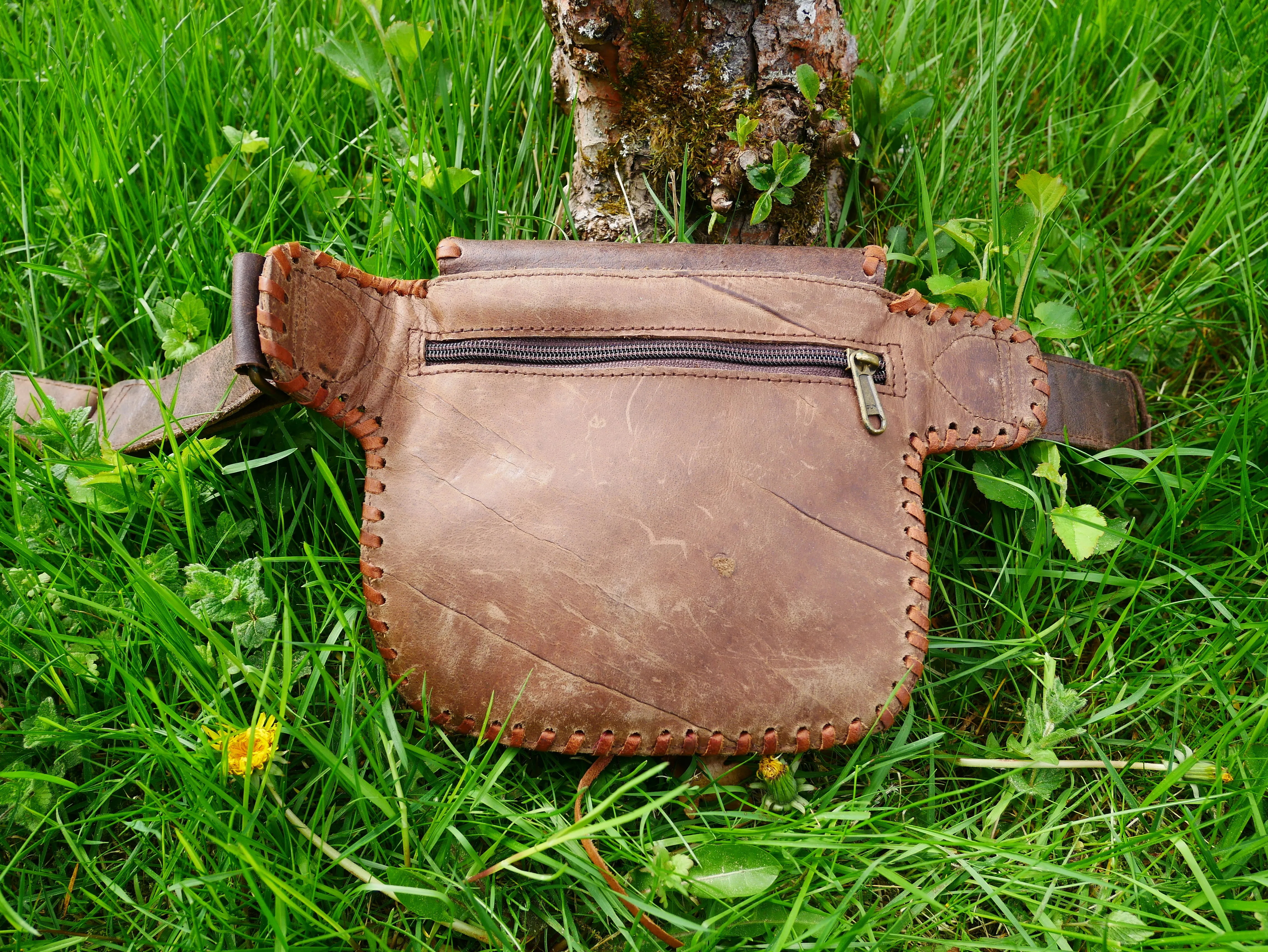 Brown leather belt bag - waist bag with Moonstone stone and hook closure