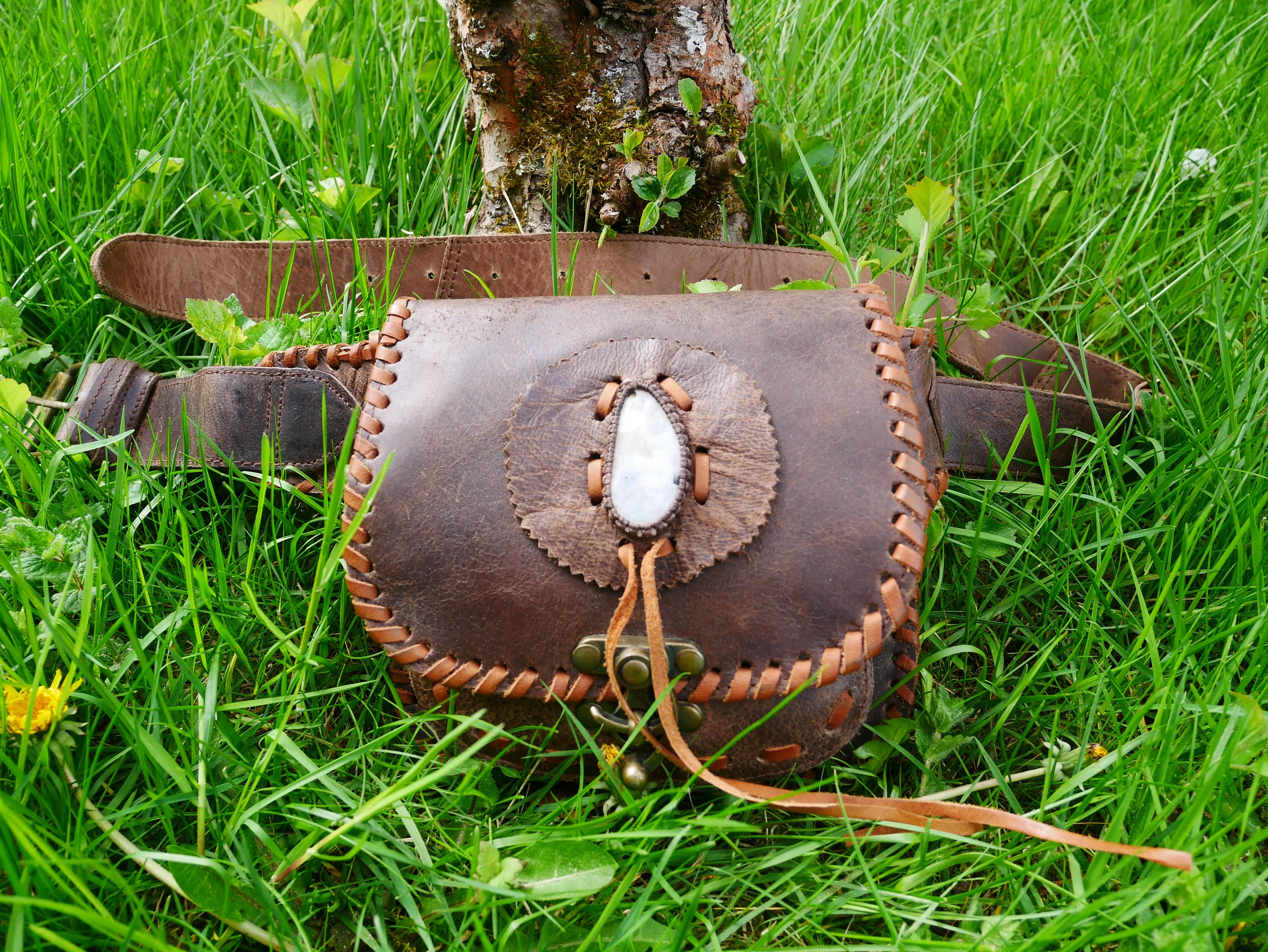 Brown leather belt bag - waist bag with Moonstone stone and hook closure
