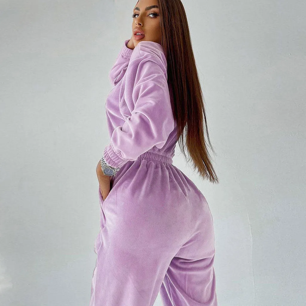Crew Neck Long Sleeve Velvet Jogger Jumpsuit - Lilac