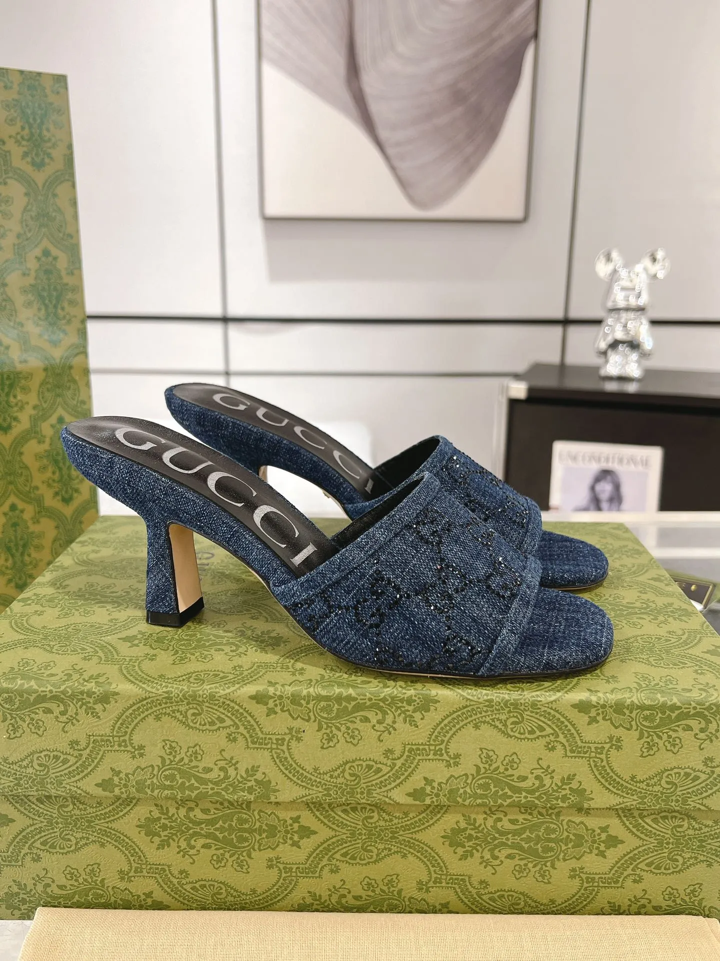 GG CRYSTALS HIGH SANDAL DENIM CANVAS