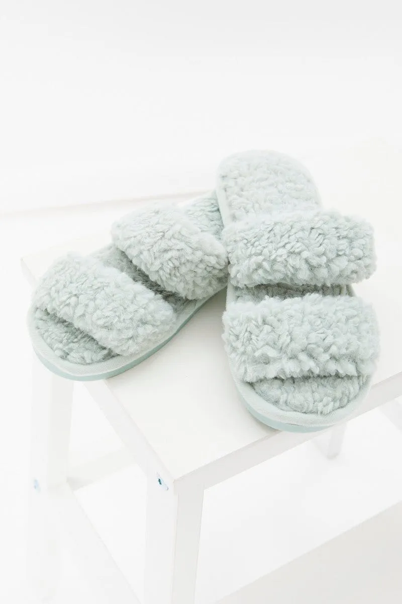 Green Teddy Faux Fur Slide