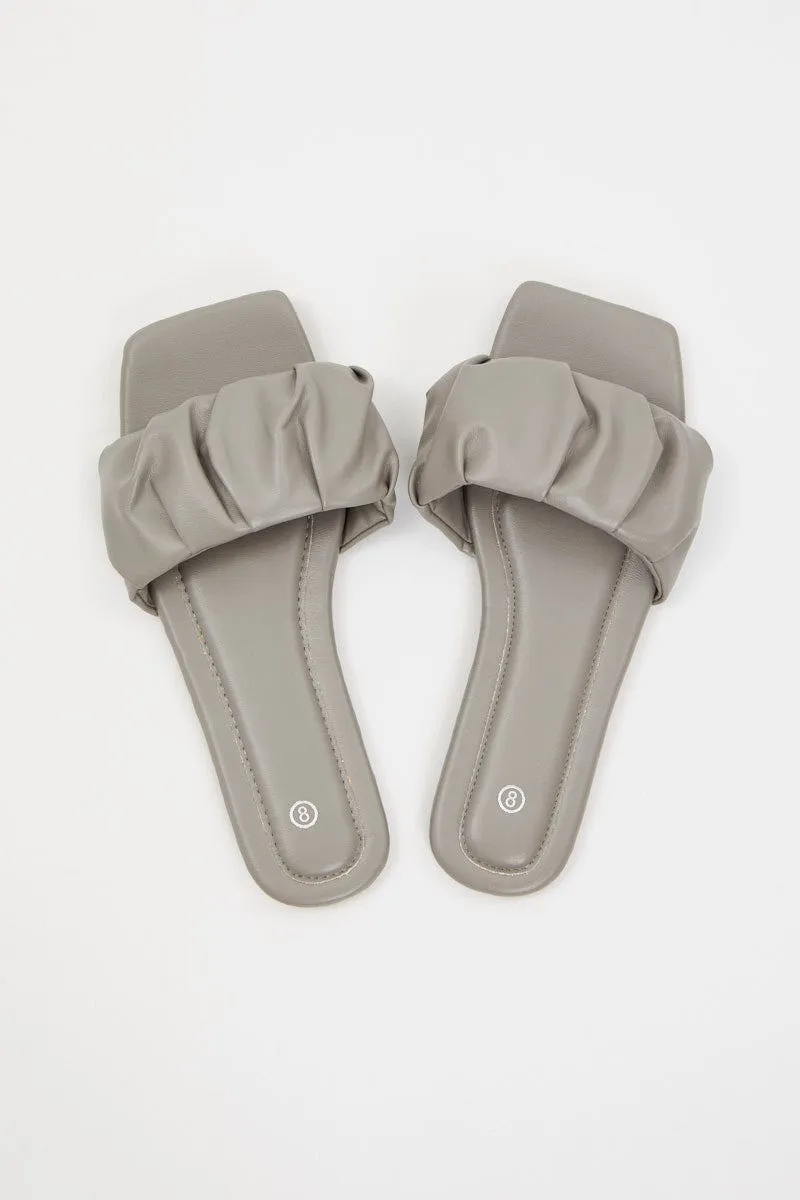Grey Faux Leather Ruched Flat Slides