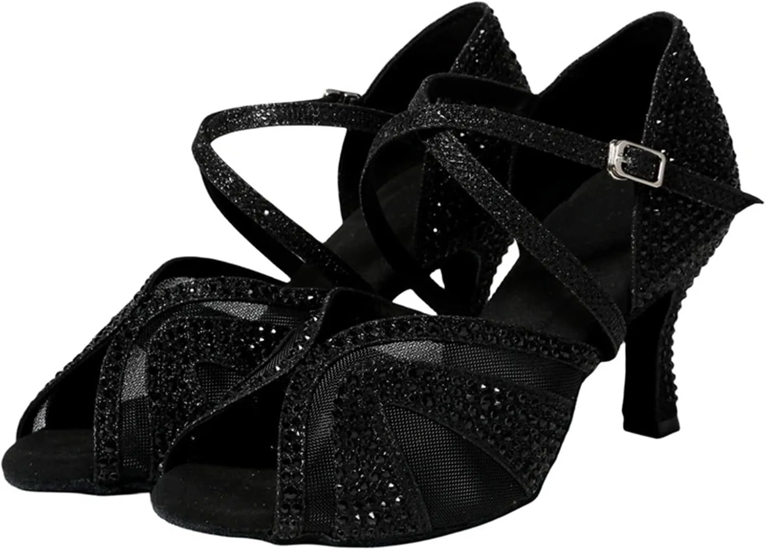 Latin Dance Shoes for Women Latin Dance Shoes for Adult Women with Diamond Inlay, Professional Latin Shoes with Soft Soles(Black 7.5 cm,43)