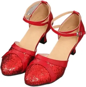 Latin Dance Shoes for Women Latin Dance Shoes for Women Sequin Adult Female Sandals Soft Sole Indoor Ballroom Tango Shoe Closed Toe Salsa Dancing Shoes(55mm Red Outdoor,US7-FR38)