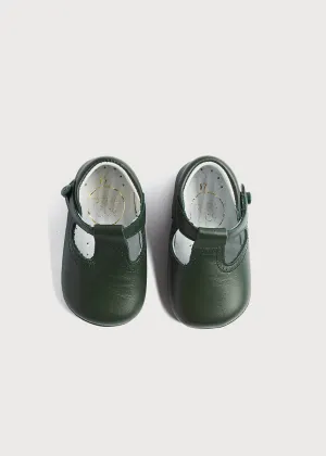 Leather T-Bar Pram Shoes in Green (17-20EU)