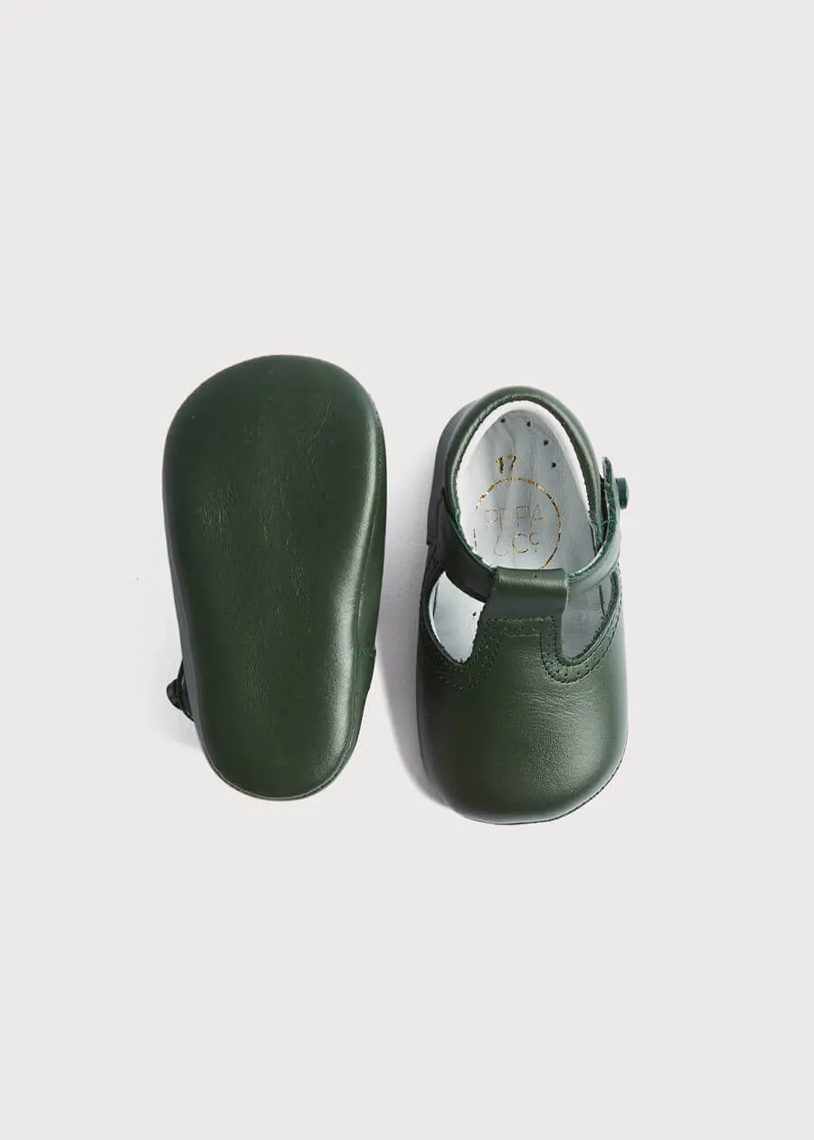 Leather T-Bar Pram Shoes in Green (17-20EU)