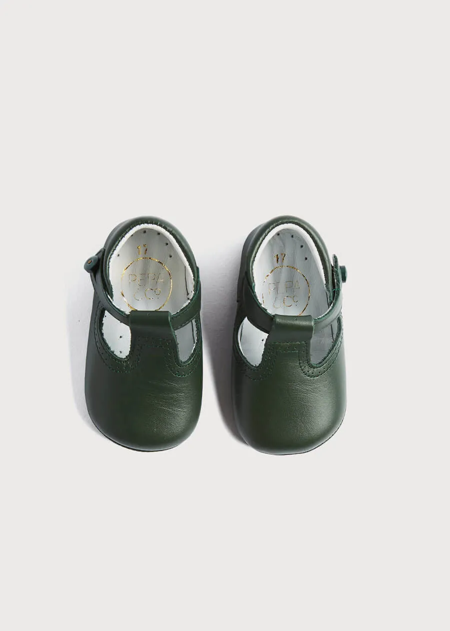 Leather T-Bar Pram Shoes in Green (17-20EU)
