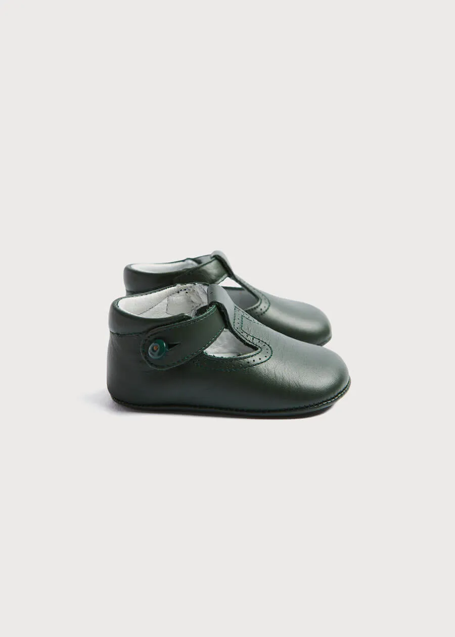 Leather T-Bar Pram Shoes in Green (17-20EU)