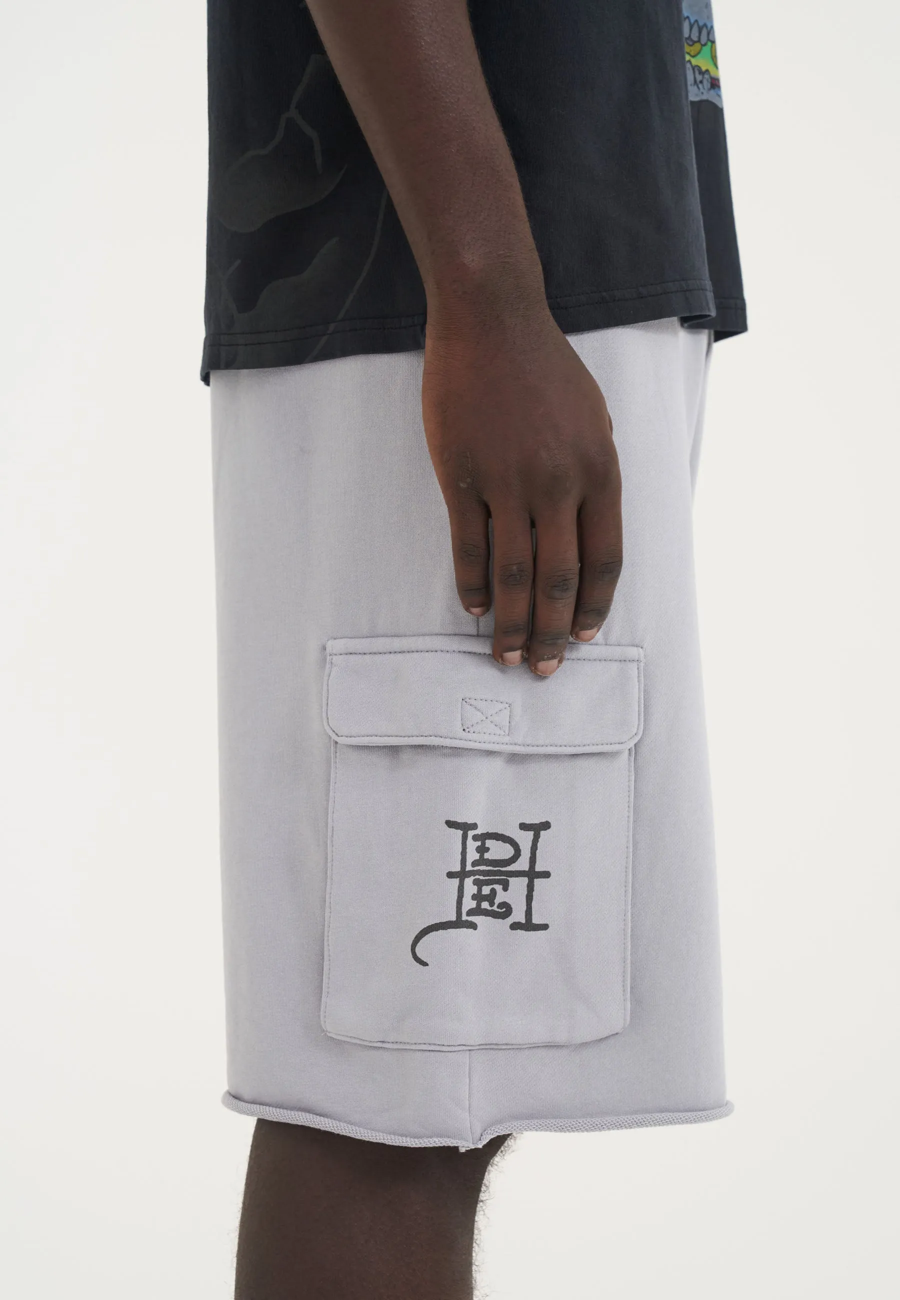 Mens Crawling Dragon Sweat Cargo Shorts - Grey