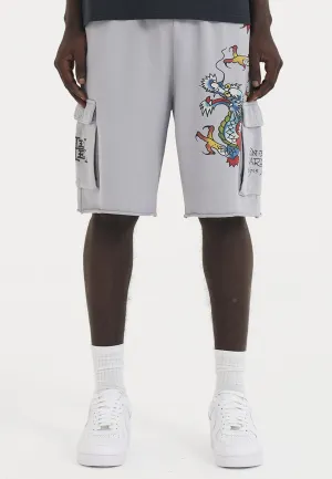 Mens Crawling Dragon Sweat Cargo Shorts - Grey