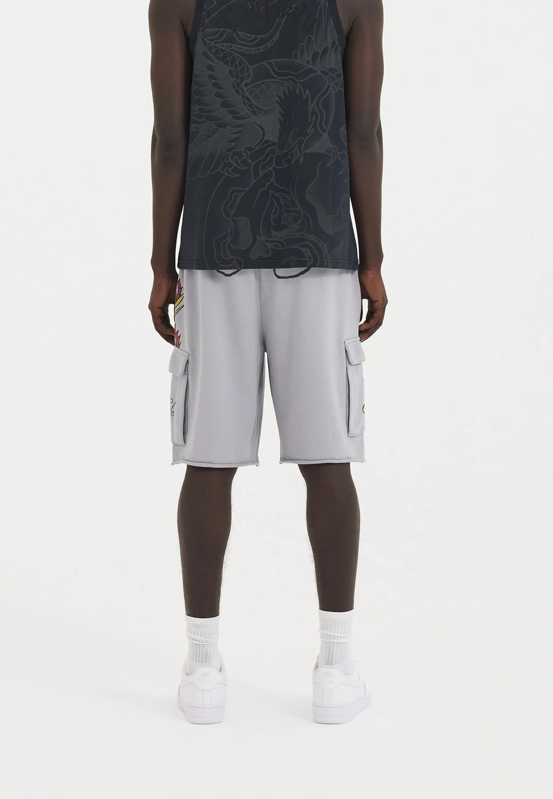 Mens Crawling Dragon Sweat Cargo Shorts - Grey