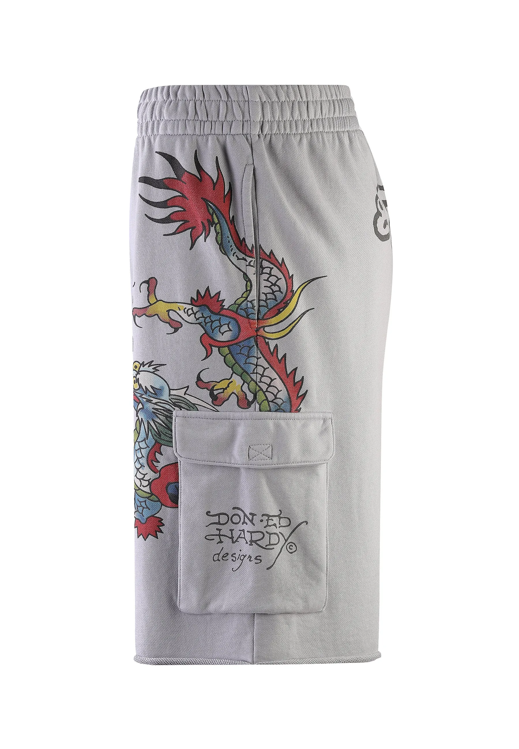 Mens Crawling Dragon Sweat Cargo Shorts - Grey