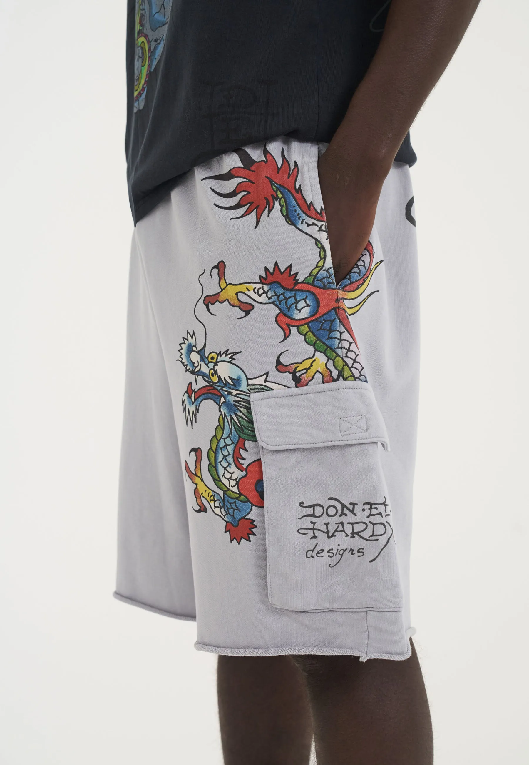 Mens Crawling Dragon Sweat Cargo Shorts - Grey