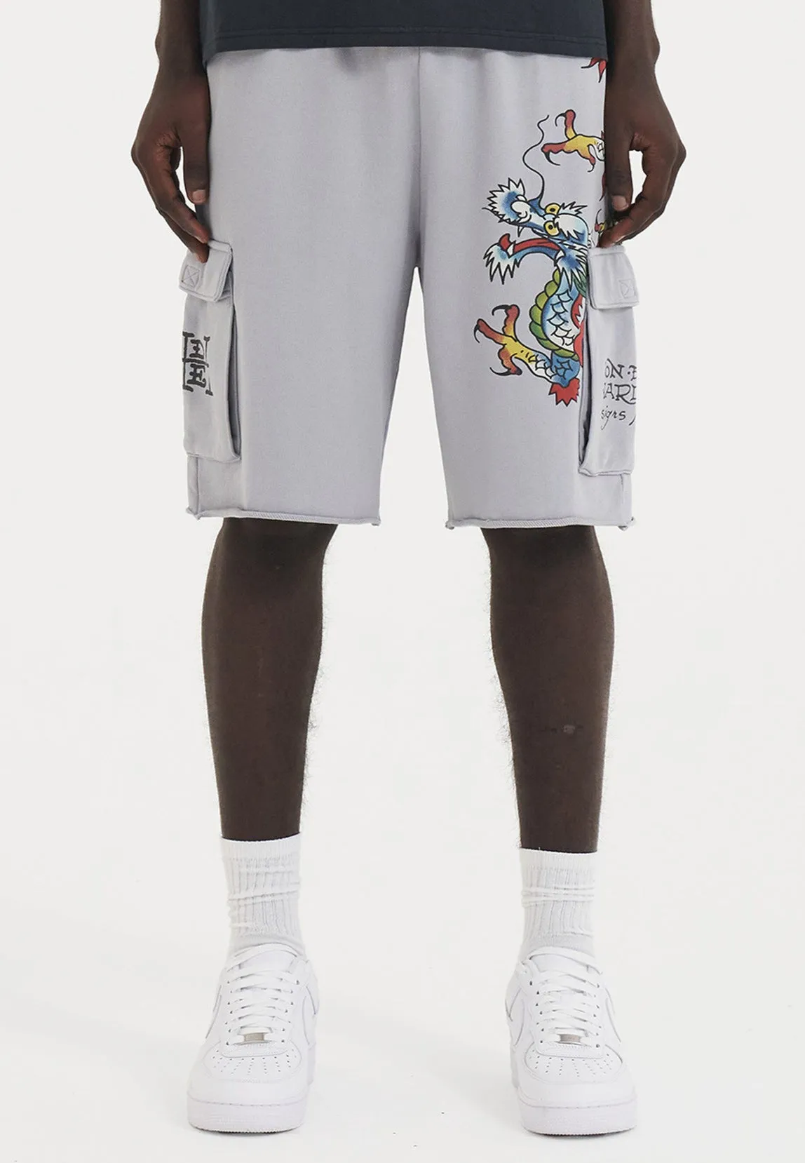 Mens Crawling Dragon Sweat Cargo Shorts - Grey