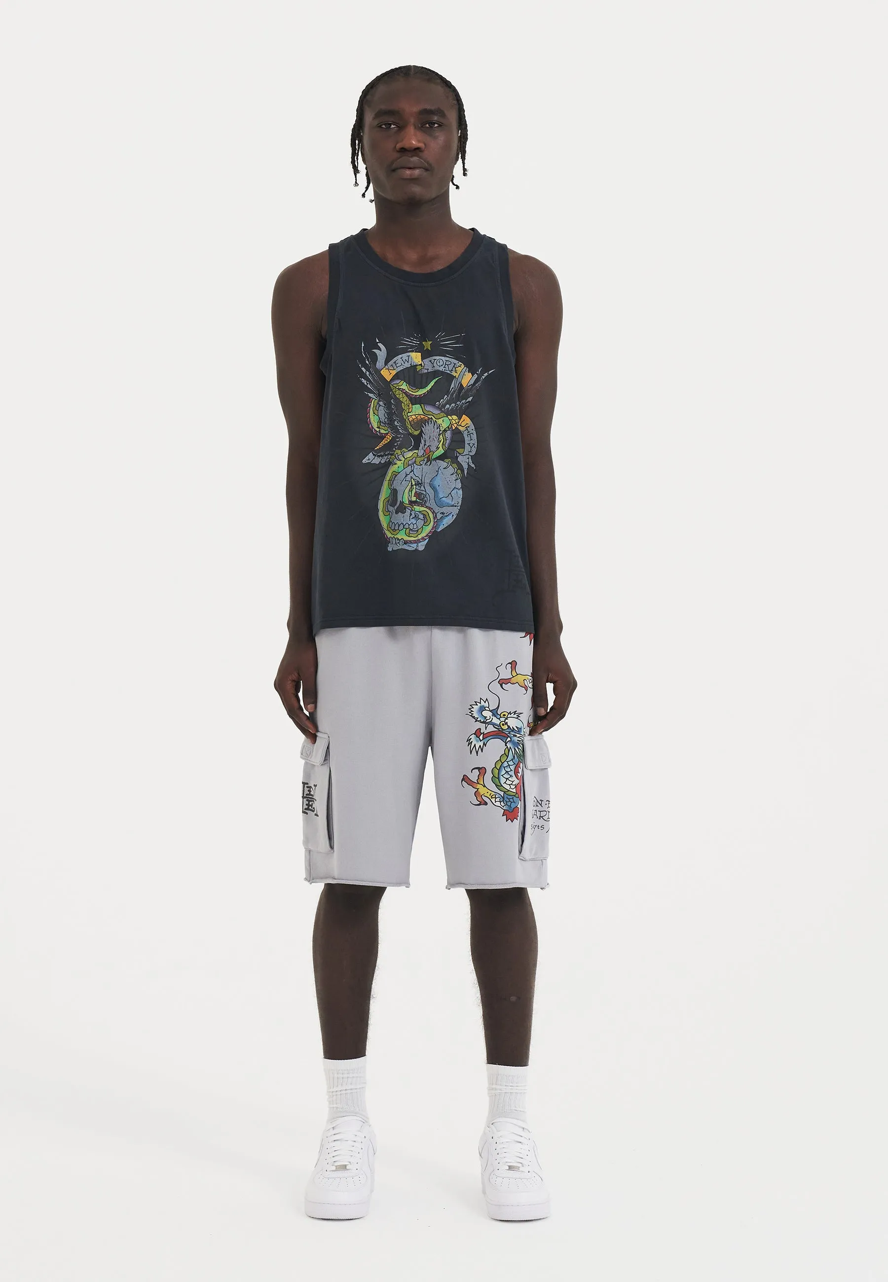 Mens Crawling Dragon Sweat Cargo Shorts - Grey