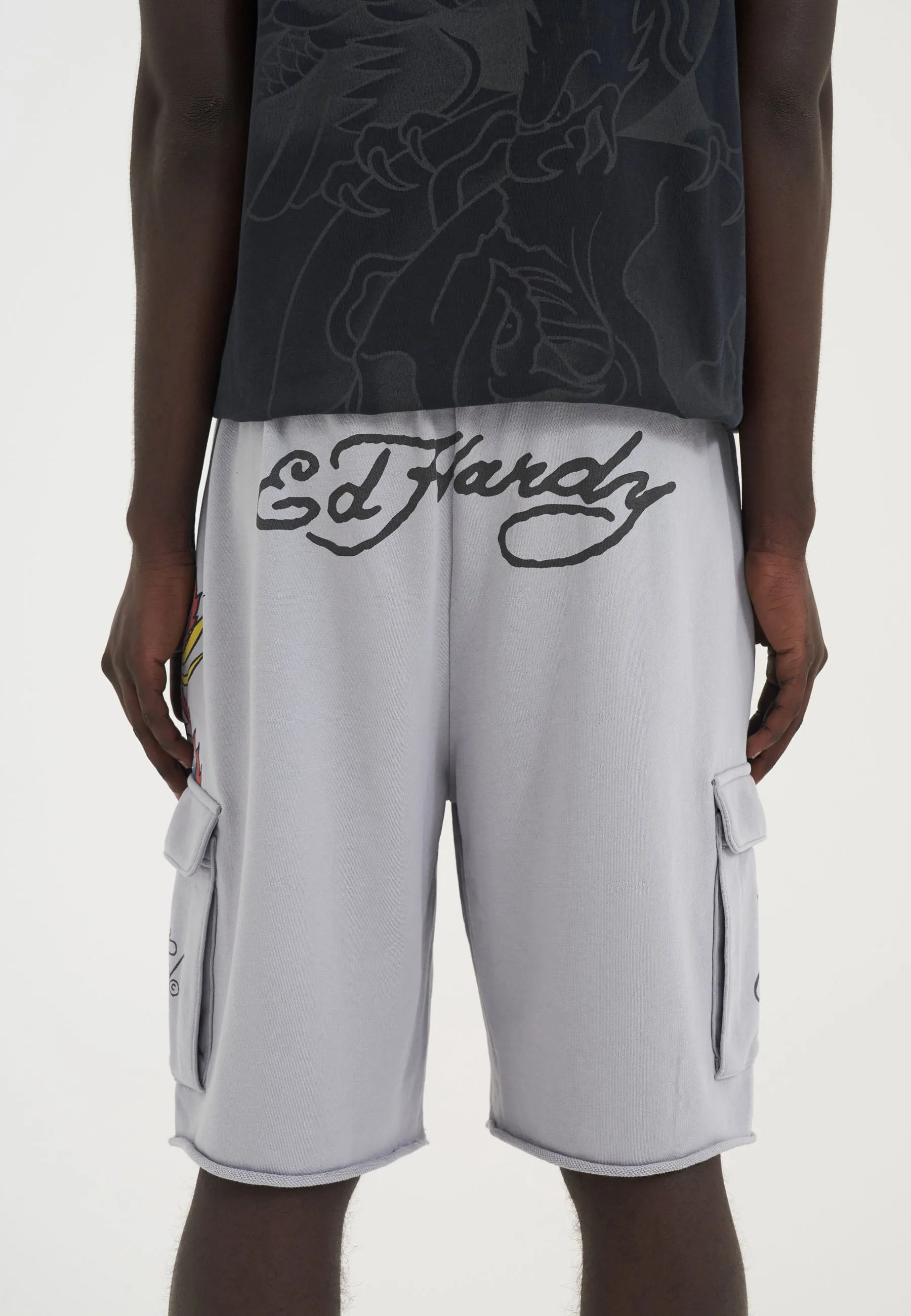 Mens Crawling Dragon Sweat Cargo Shorts - Grey