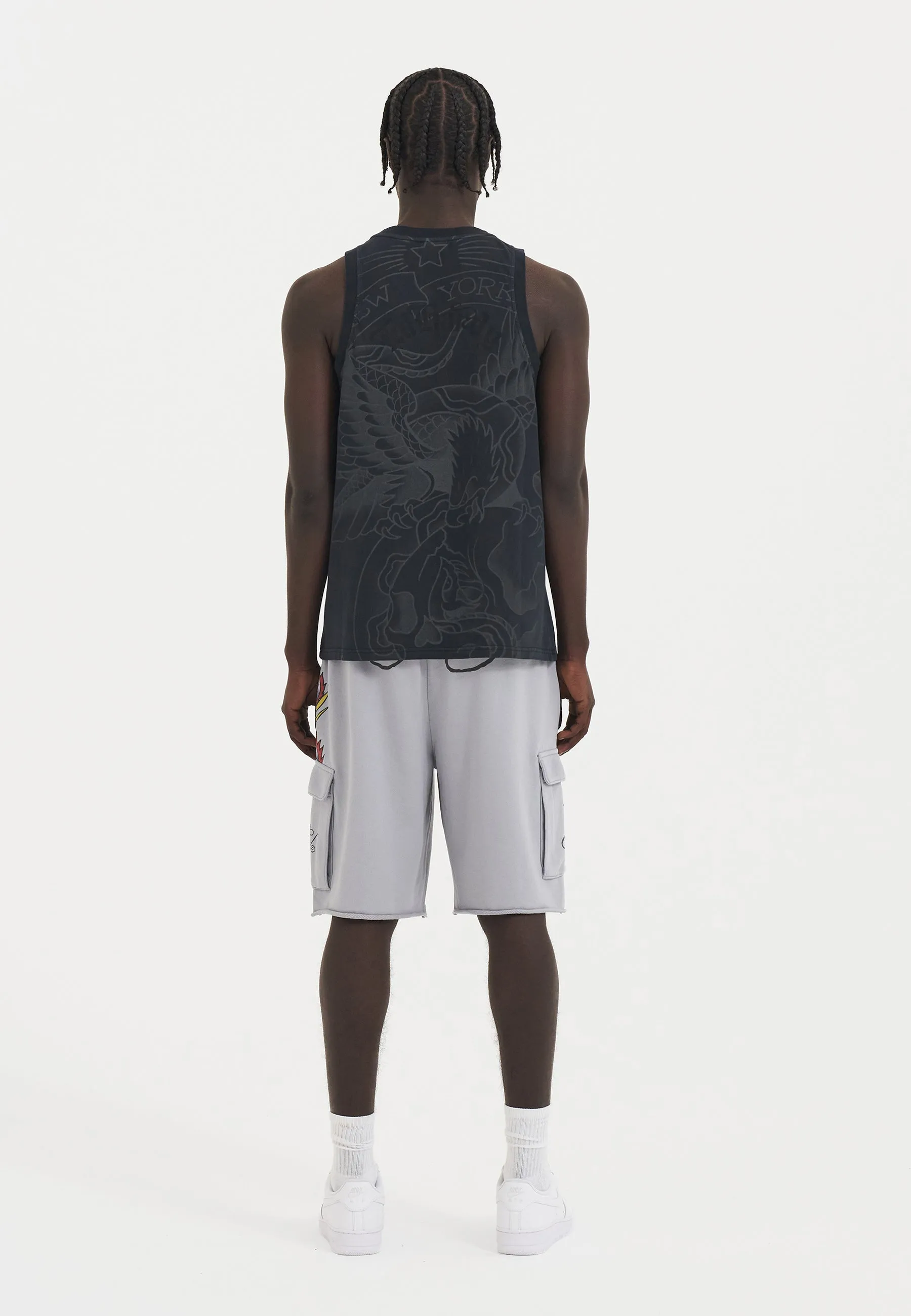 Mens Crawling Dragon Sweat Cargo Shorts - Grey