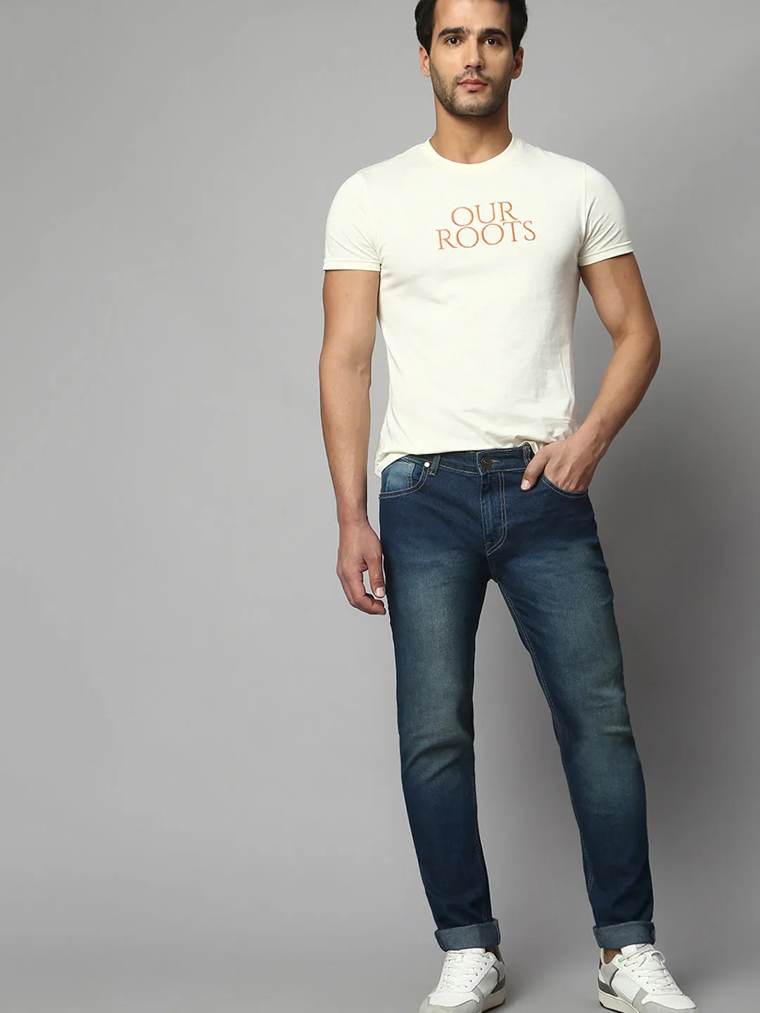 Men's Slim Fit Stretchable Denim Jeans With Flat Front And 5 Pockets
