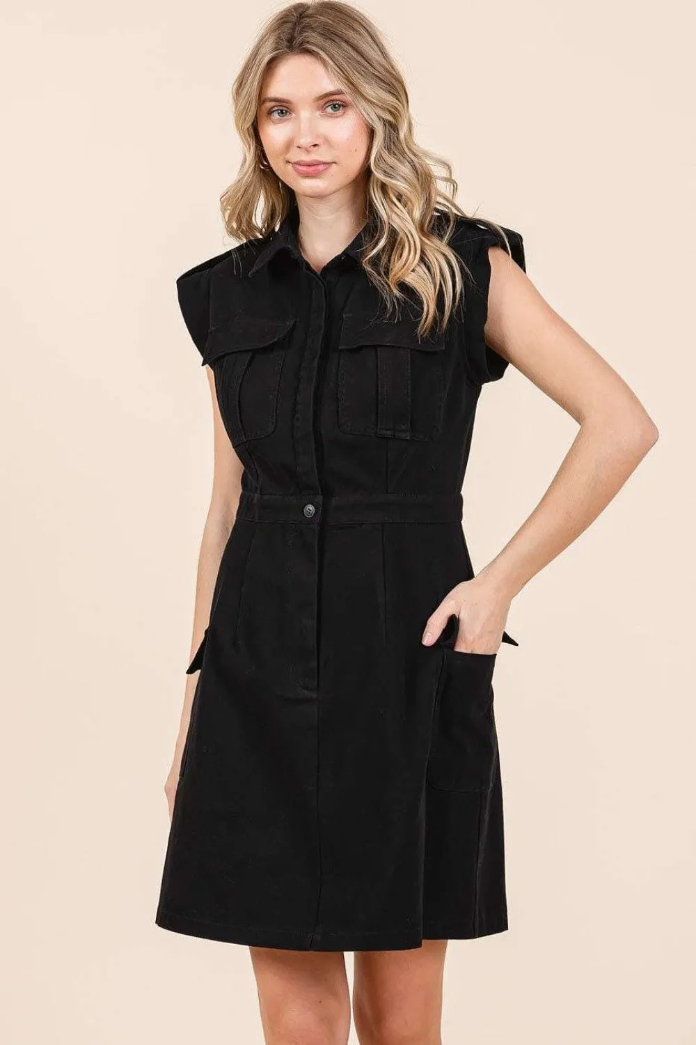 Mittoshop Black Cargo Pocket Half Button Mini Dress