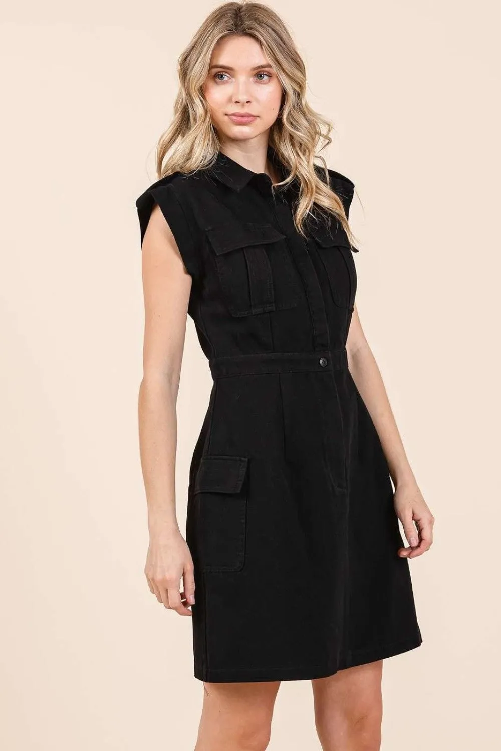Mittoshop Black Cargo Pocket Half Button Mini Dress