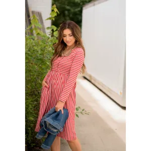 Mixed Stripe Long Sleeve Midi Dress - Marsala