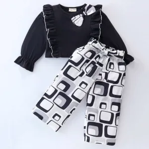 Solid Frilled Top Abstract Print Palazzo Set