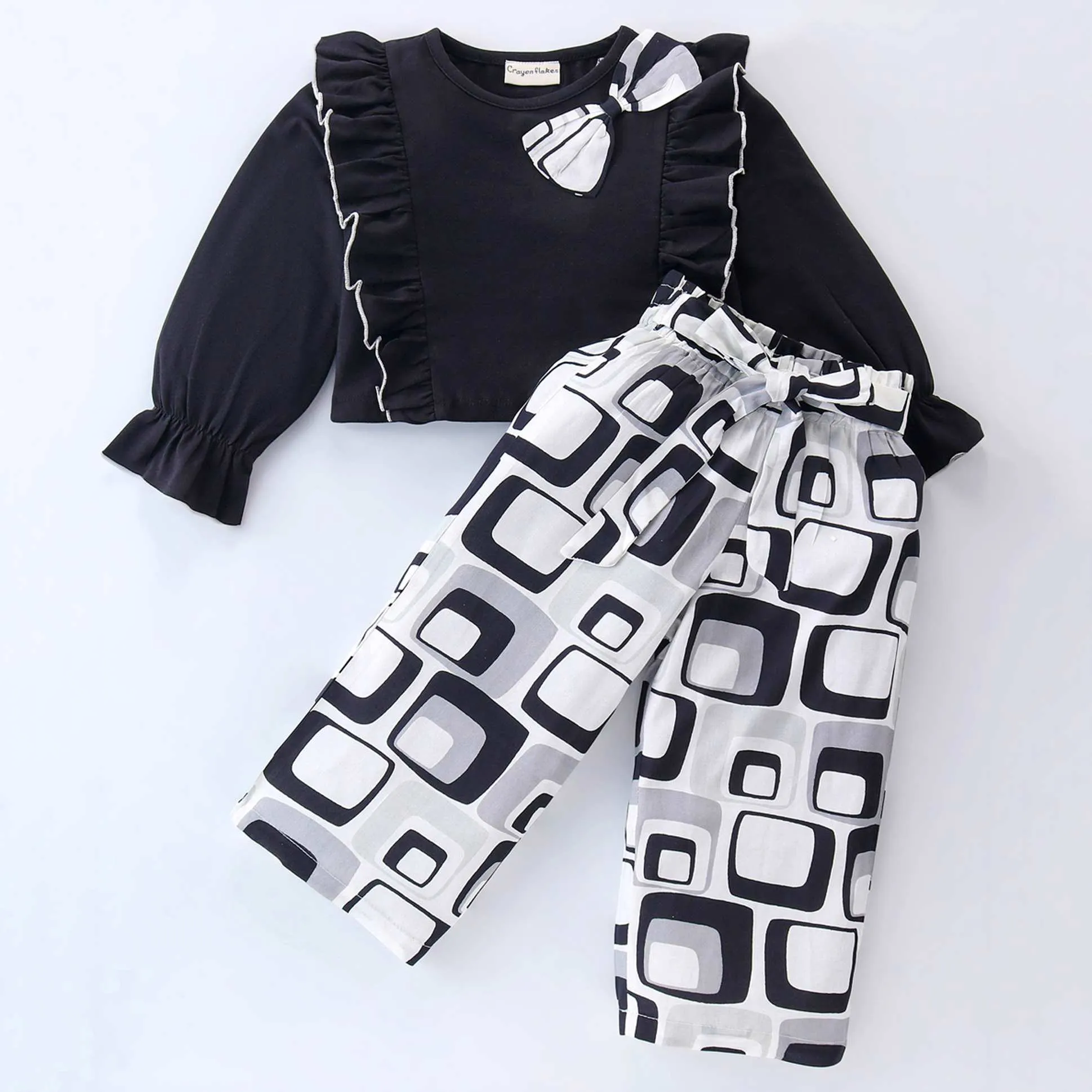 Solid Frilled Top Abstract Print Palazzo Set