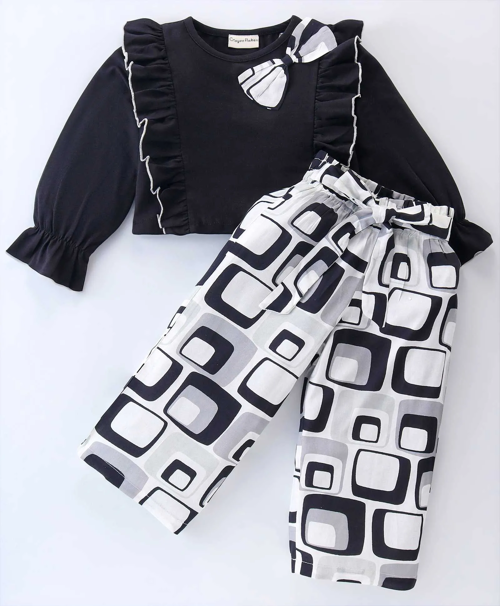 Solid Frilled Top Abstract Print Palazzo Set