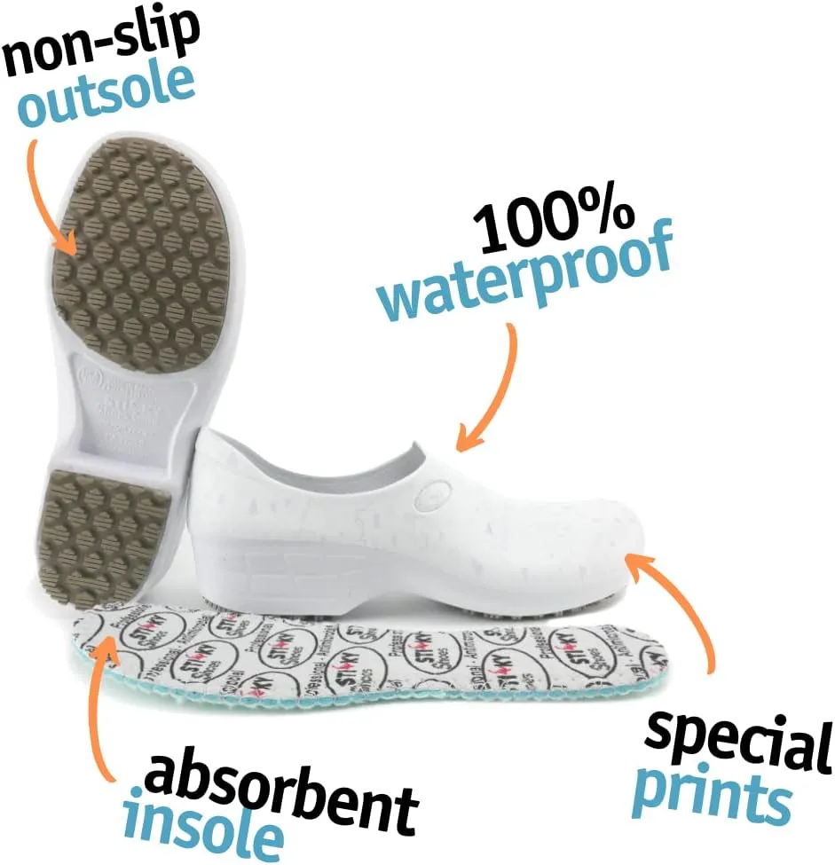 Sticky Printed Colorful Nursing Shoes - Professional Shoes for Women - Nurses Vets CNA LPN RN - Waterproof Non Slip - Comfortable Cleanable Clogs - White
