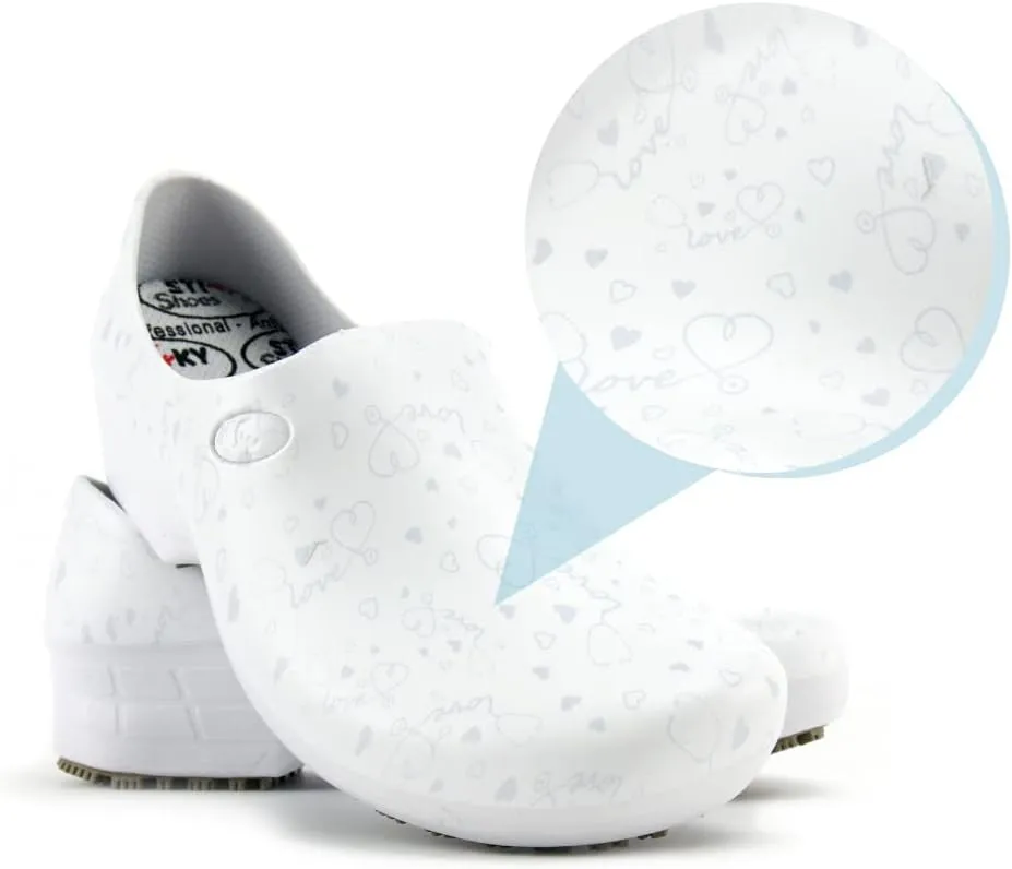 Sticky Printed Colorful Nursing Shoes - Professional Shoes for Women - Nurses Vets CNA LPN RN - Waterproof Non Slip - Comfortable Cleanable Clogs - White