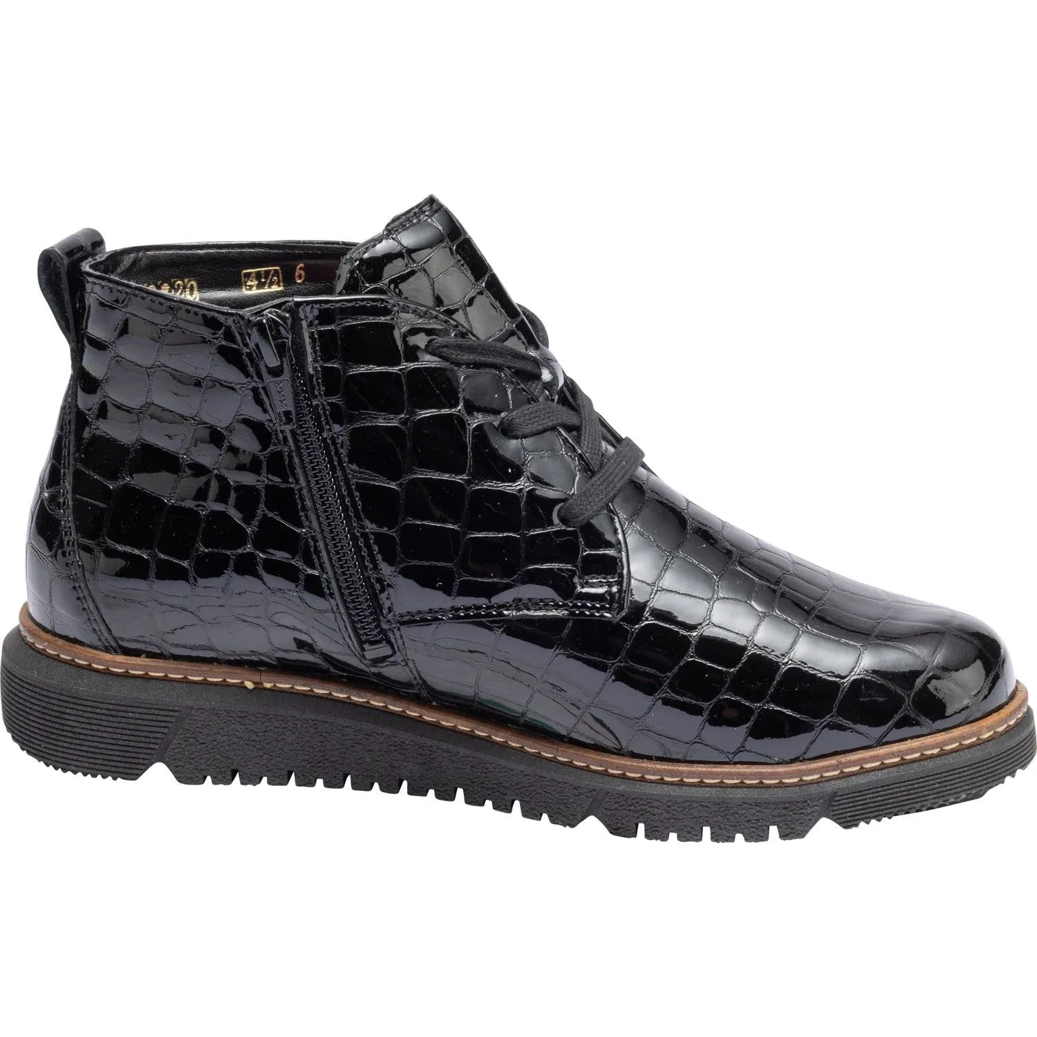 Waldlaufer 604804 150 001 K-Gesa Ladies Black Patent Leather Zip & Lace Ankle Boots