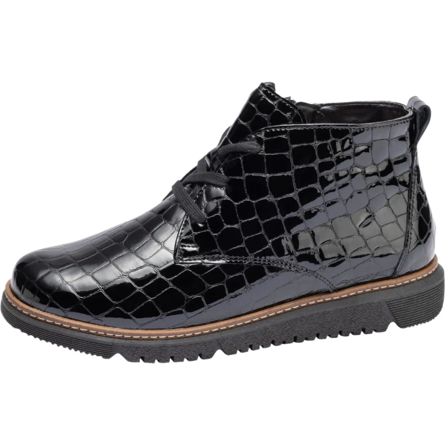 Waldlaufer 604804 150 001 K-Gesa Ladies Black Patent Leather Zip & Lace Ankle Boots