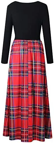 Women's Plaid Long Sleeve Empire Waist Full Length Maxi Dress with Pockets