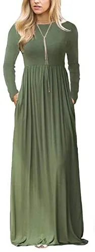 Women's Plaid Long Sleeve Empire Waist Full Length Maxi Dress with Pockets