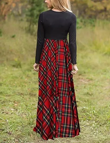 Women's Plaid Long Sleeve Empire Waist Full Length Maxi Dress with Pockets