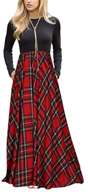 Women's Plaid Long Sleeve Empire Waist Full Length Maxi Dress with Pockets