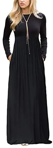 Women's Plaid Long Sleeve Empire Waist Full Length Maxi Dress with Pockets