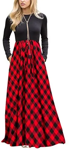 Women's Plaid Long Sleeve Empire Waist Full Length Maxi Dress with Pockets