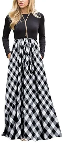 Women's Plaid Long Sleeve Empire Waist Full Length Maxi Dress with Pockets