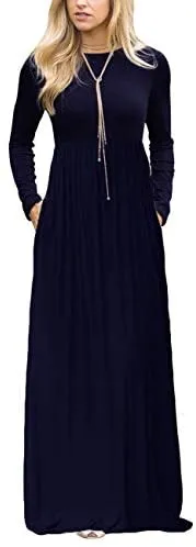 Women's Plaid Long Sleeve Empire Waist Full Length Maxi Dress with Pockets