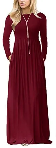 Women's Plaid Long Sleeve Empire Waist Full Length Maxi Dress with Pockets