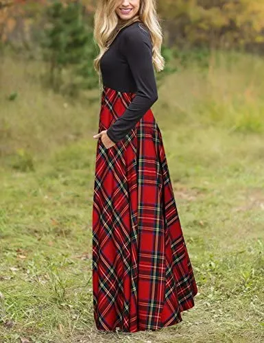 Women's Plaid Long Sleeve Empire Waist Full Length Maxi Dress with Pockets