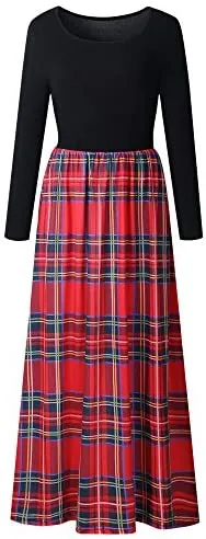 Women's Plaid Long Sleeve Empire Waist Full Length Maxi Dress with Pockets