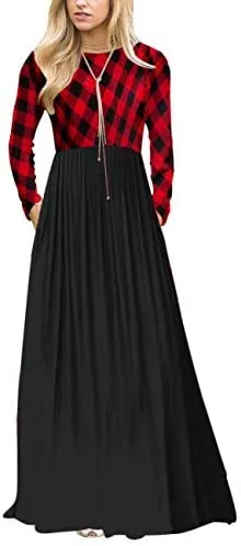 Women's Plaid Long Sleeve Empire Waist Full Length Maxi Dress with Pockets